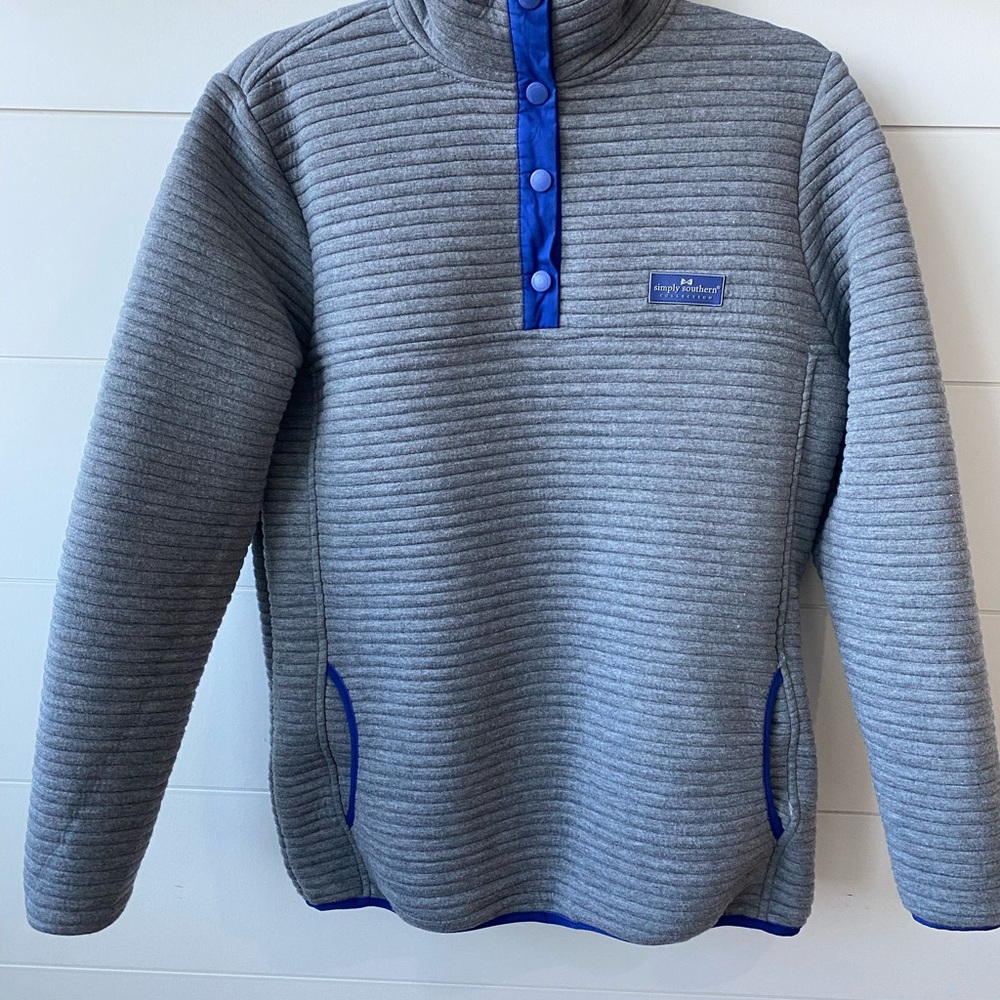 Simply Southern Gray Quilted Pullover with Blue Trim
